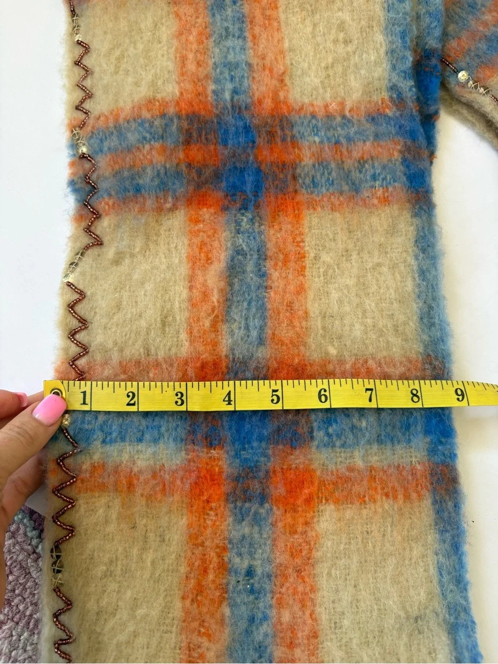 Free People Highland Plaid Skinny Scarf Ivory Blue Sequin Tessel Preppy Fun Warm